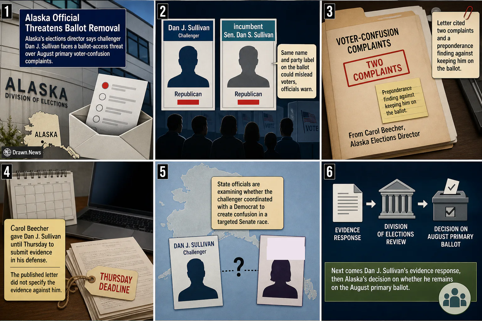 Drawn.News visual brief: Alaska Official Threatens Ballot Removal in Same-Name Senate Race