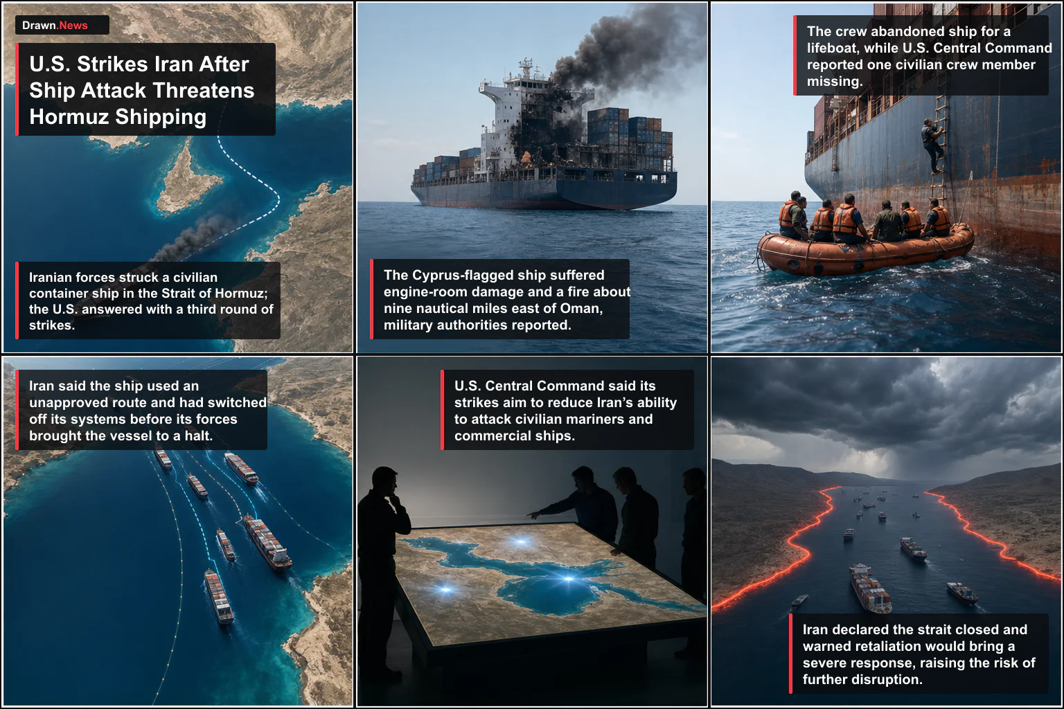 Drawn.News visual brief: U.S. Strikes Iran After Ship Attack Threatens Hormuz Shipping