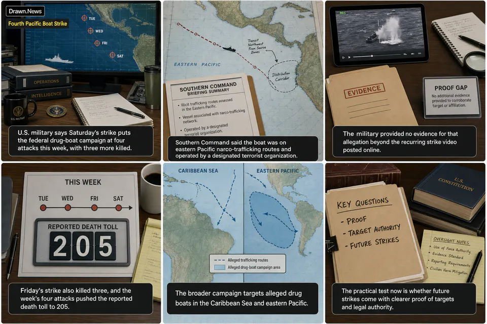 Drawn.News visual brief: U.S. strike on alleged drug boat kills 3 in Pacific Ocean, in fourth attack this week