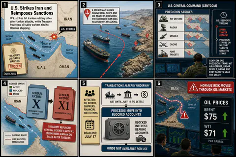 Drawn.News visual brief: U.S. Strikes Iran and Reimposes Sanctions After Tanker Attacks