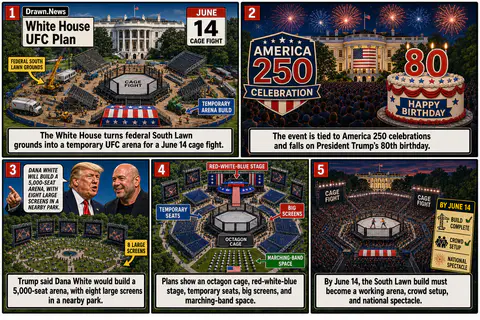 Drawn.News comic: UFC Unveils Plans for White House Fight on Trump’s Birthday