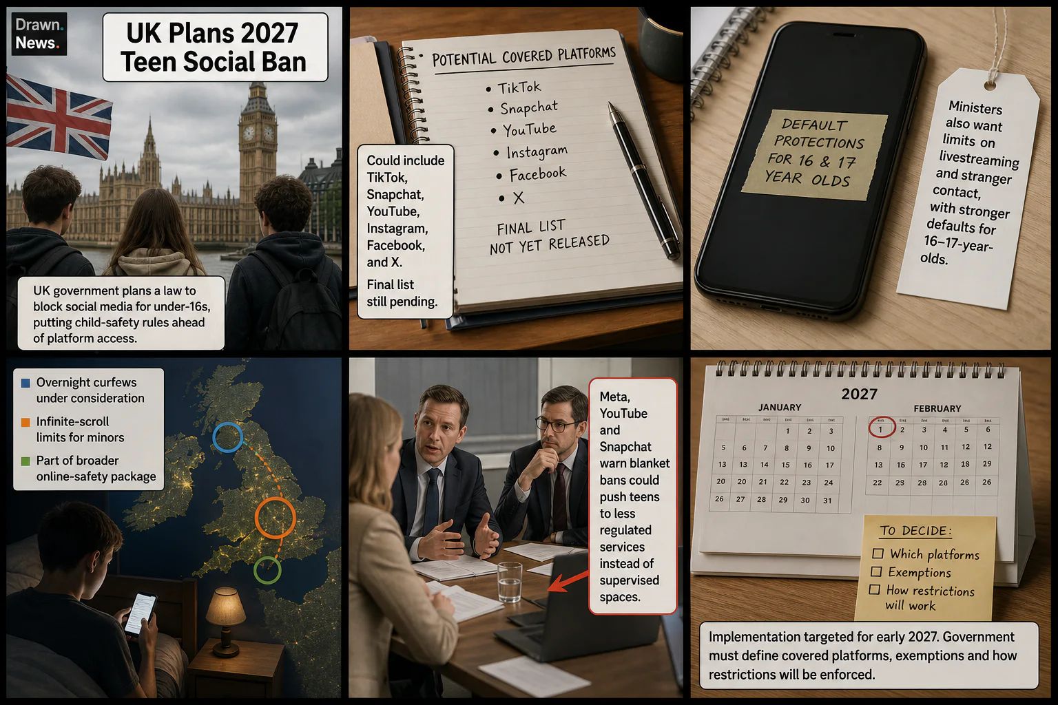 Drawn.News visual brief: UK sets 2027 teen social media ban as platforms warn of enforcement gaps