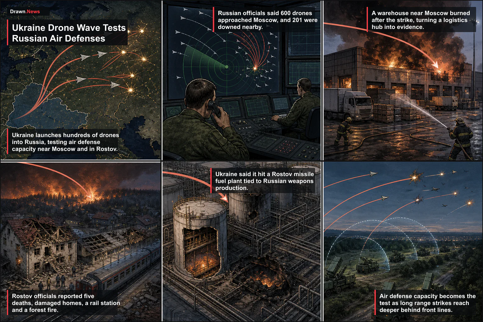 Drawn.News visual brief: Ukraine Drone Wave Hits Russia, Killing Six and Stretching Air Defenses