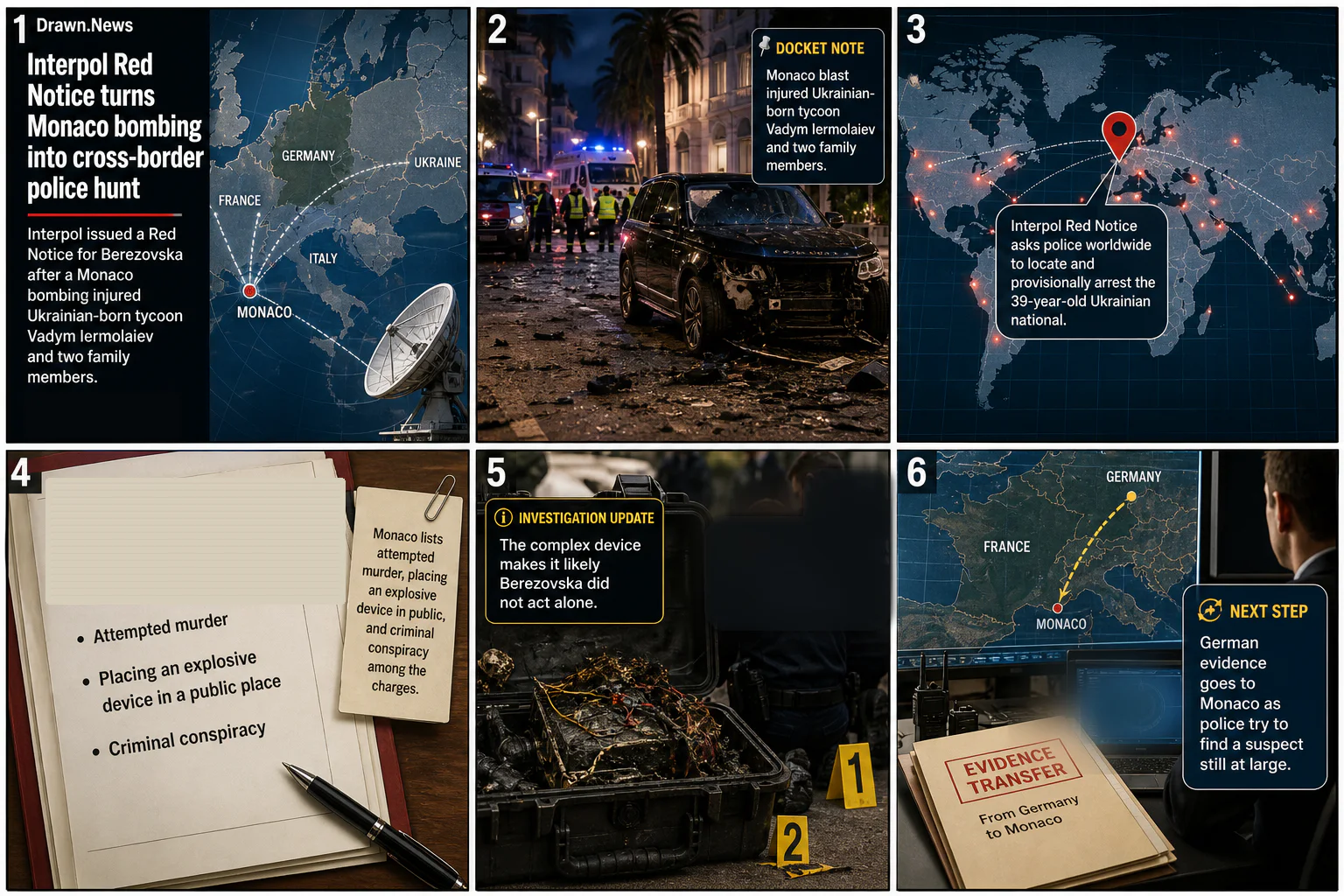 Drawn.News visual brief: Interpol Red Notice turns Monaco bombing into cross-border police hunt