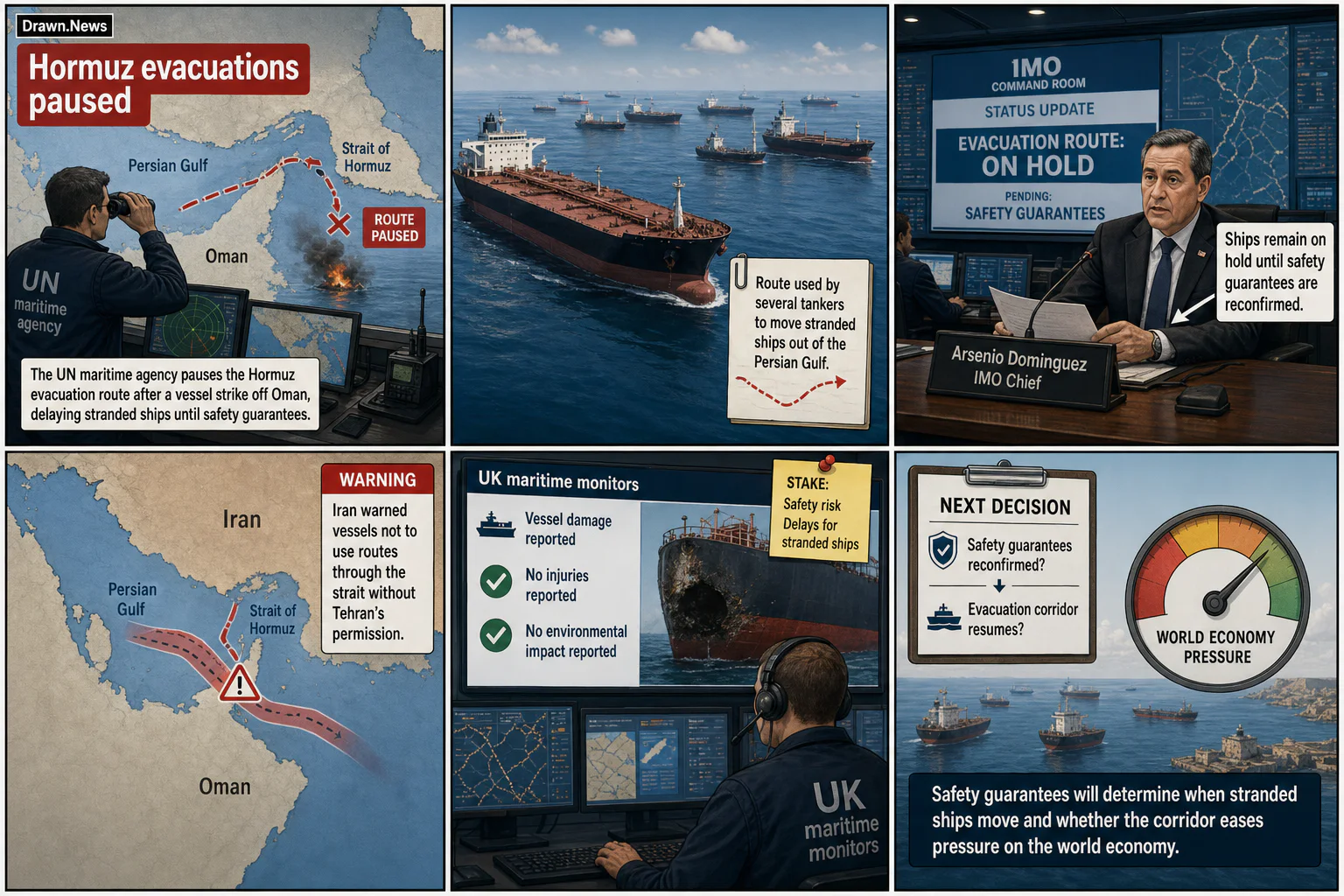Drawn.News visual brief: IMO pauses Hormuz ship evacuations after vessel hit