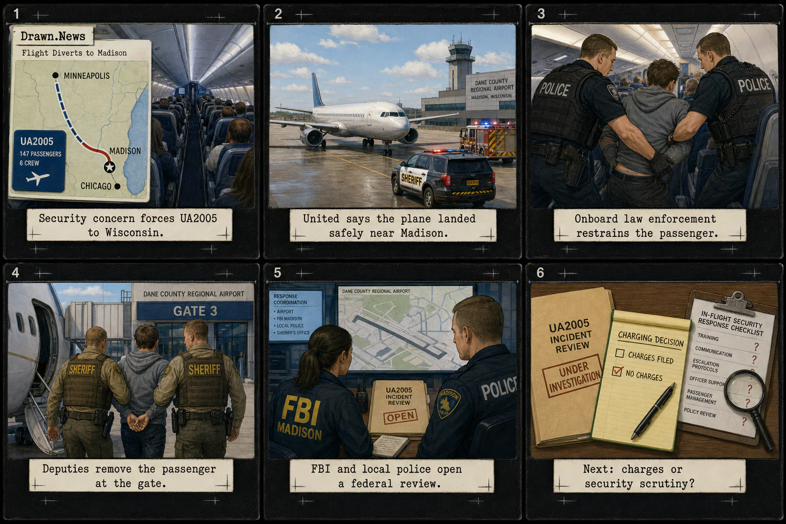 Drawn.News visual brief: United Airlines flight bound for Minneapolis diverted because of unruly passenger