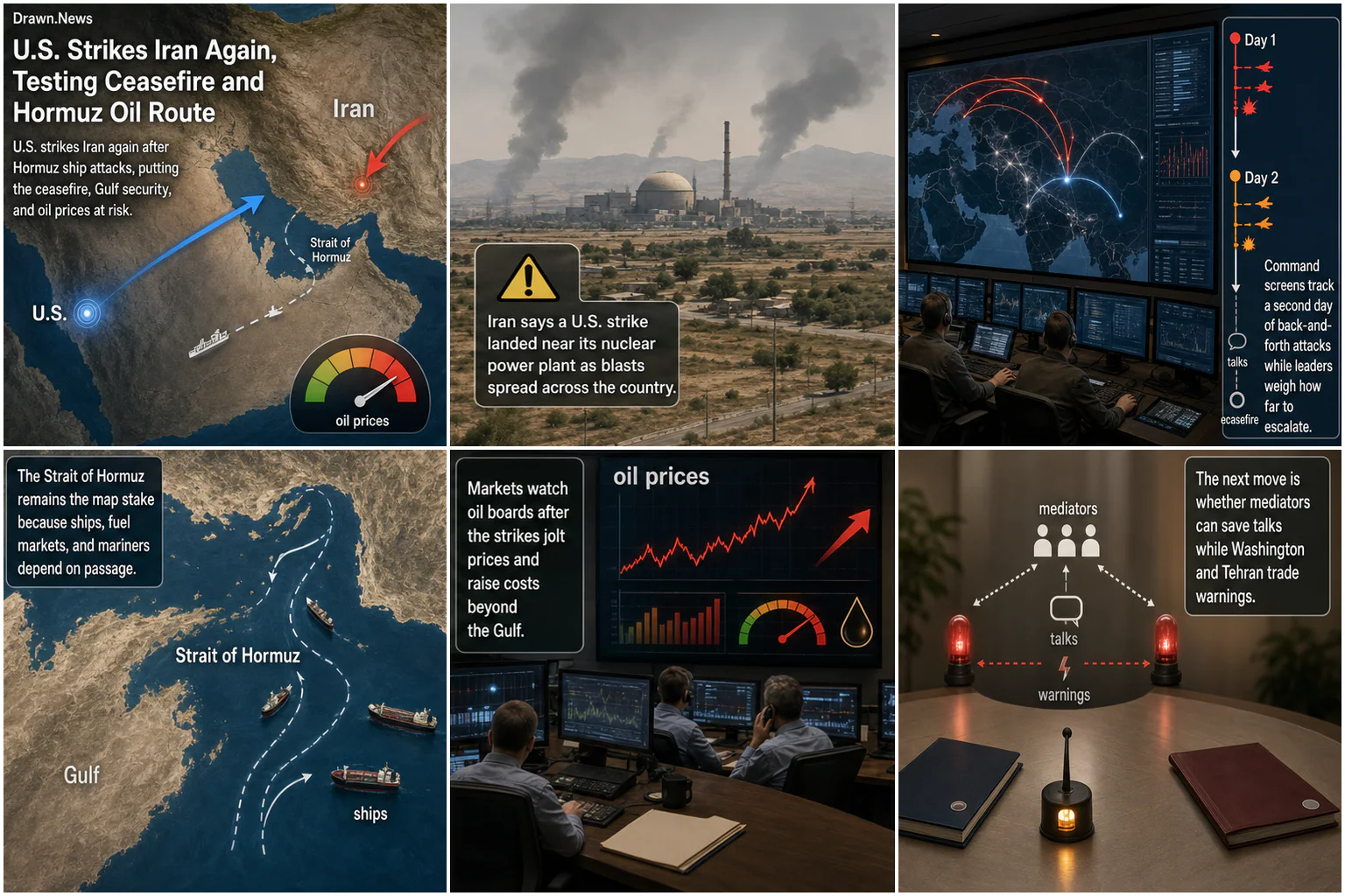 Drawn.News visual brief: U.S. Strikes Iran Again, Testing Ceasefire and Hormuz Oil Route