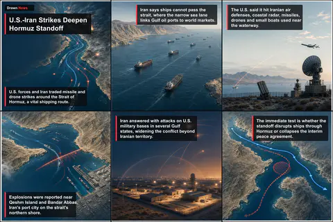 Drawn.News visual brief: U.S. and Iran Trade Strikes, Deepening the Strait of Hormuz Standoff
