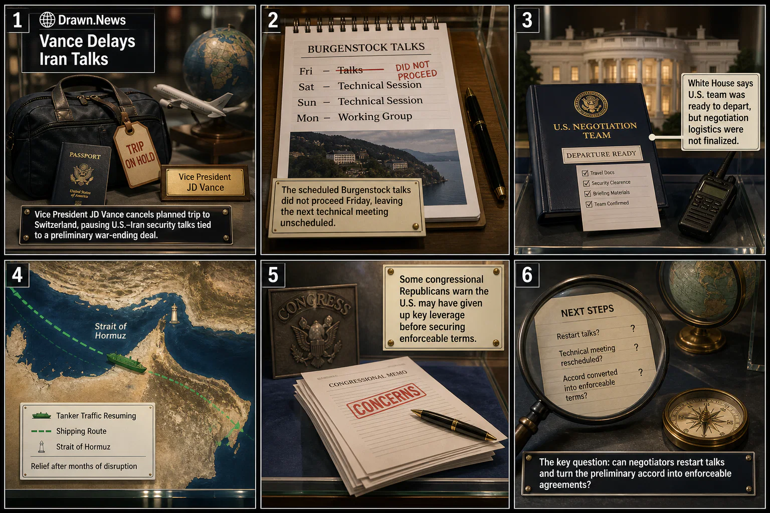 Drawn.News visual brief: US-Iran Talks Postponed as JD Vance Cancels Trip to Switzerland