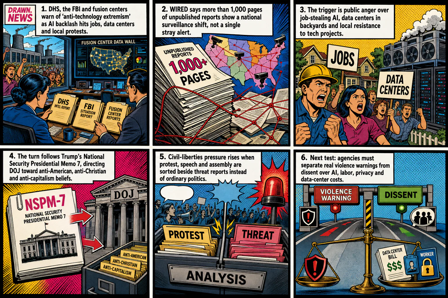 Drawn.News visual brief: US law enforcement warns of "anti-tech extremism" as AI hatred grows