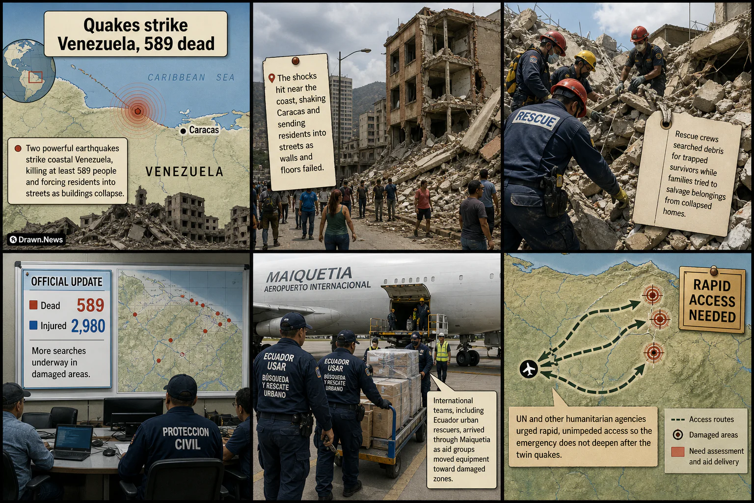 Drawn.News visual brief: Quakes strike Venezuela coast, killing 589