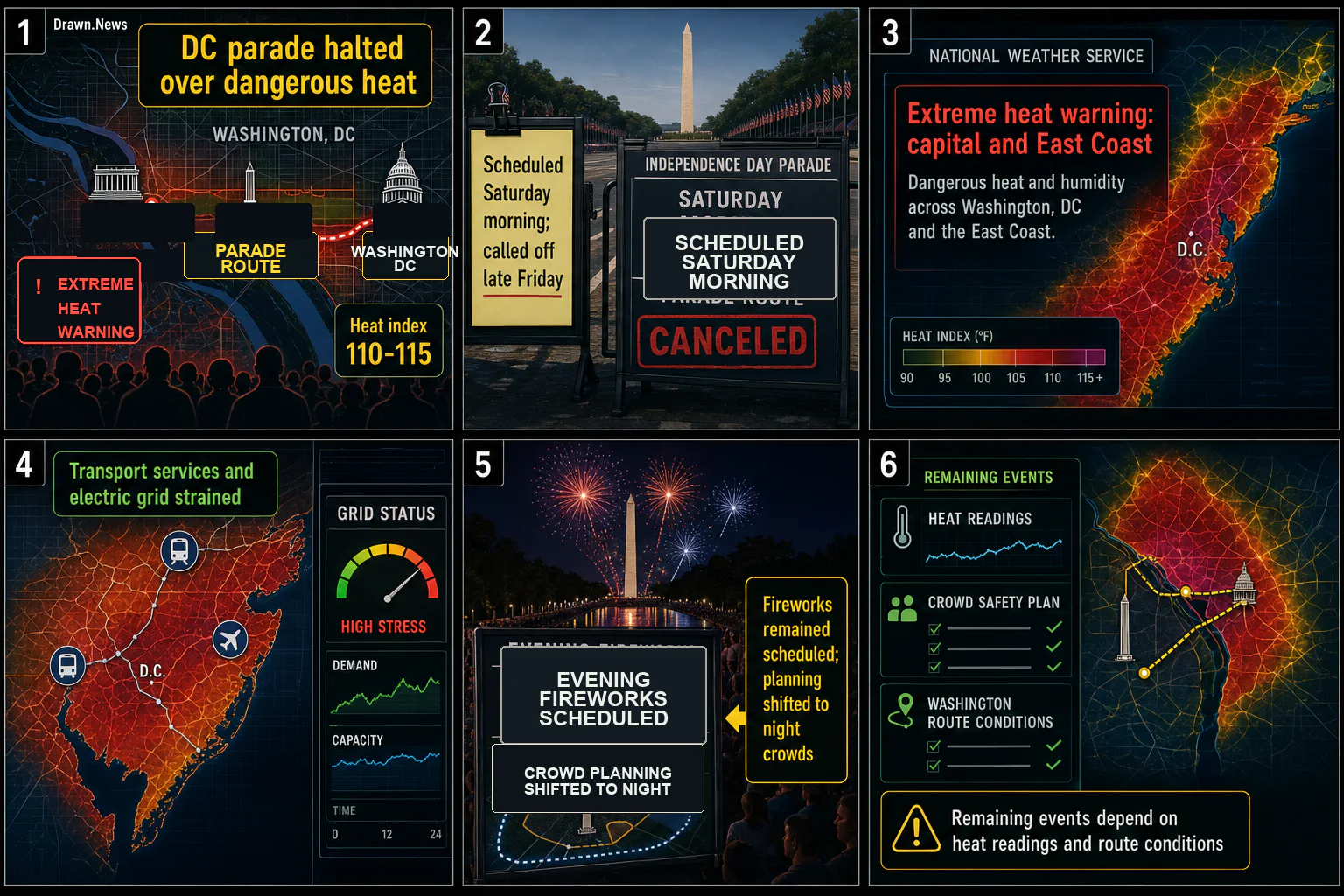 Drawn.News visual brief: Organizers halt DC parade as extreme heat threatens crowds