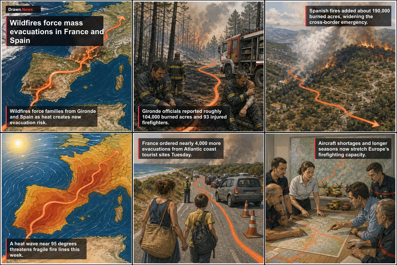Drawn.News visual brief: Wildfires force mass evacuations as heat tests France and Spain crews