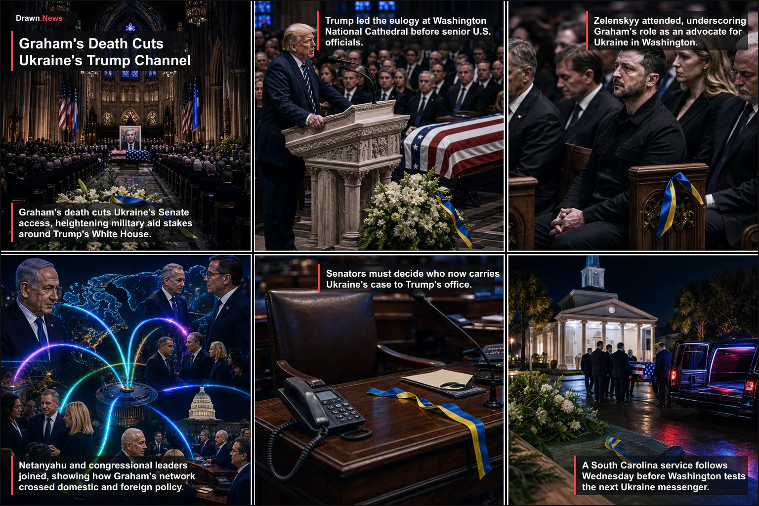 Drawn.News visual brief: Graham's Death Cuts Ukraine's Channel to Trump