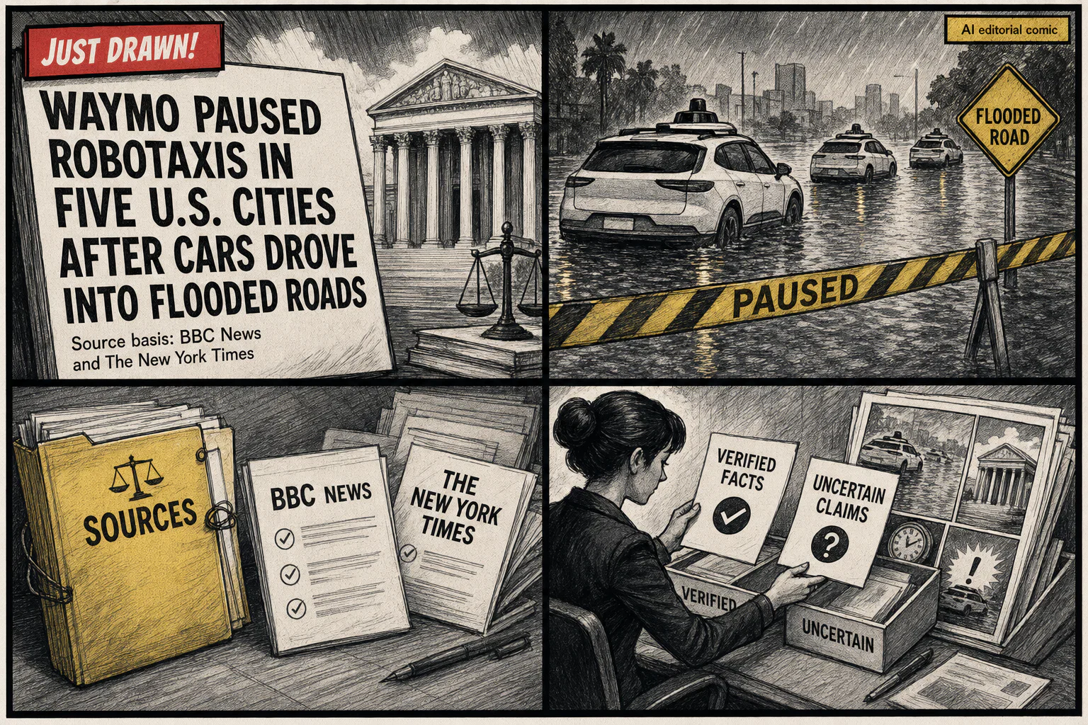 Drawn.News visual brief: Waymo pauses robotaxis in five US cities after cars drive into flooded roads