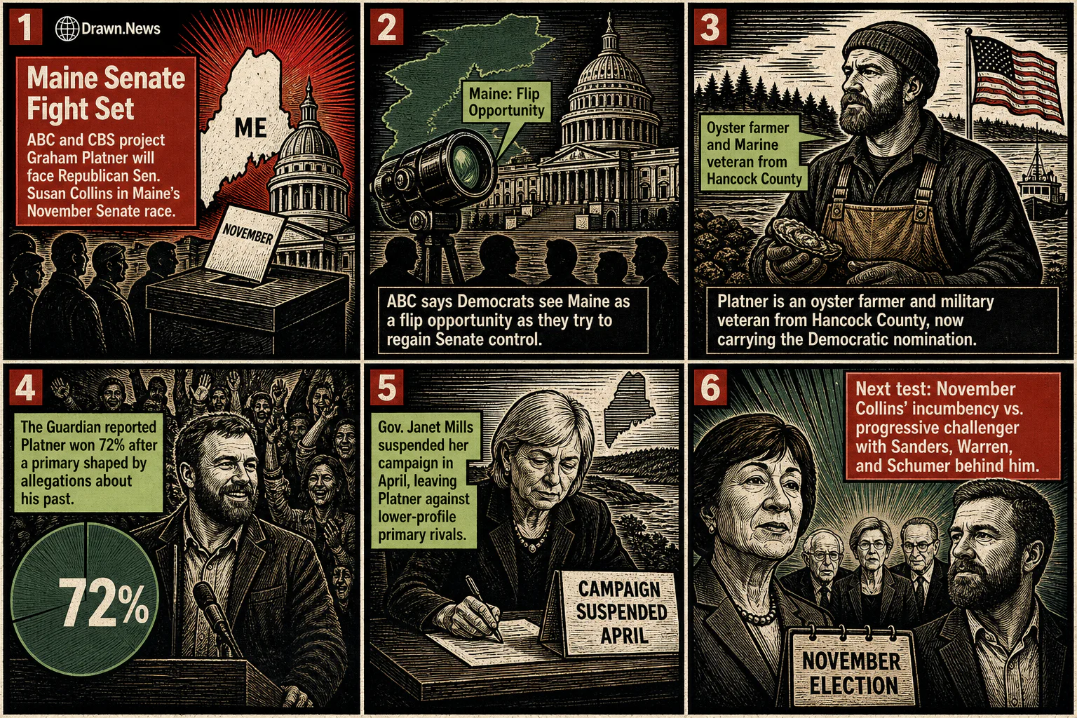 Drawn.News visual brief: Graham Platner challenges Susan Collins in Maine Senate race