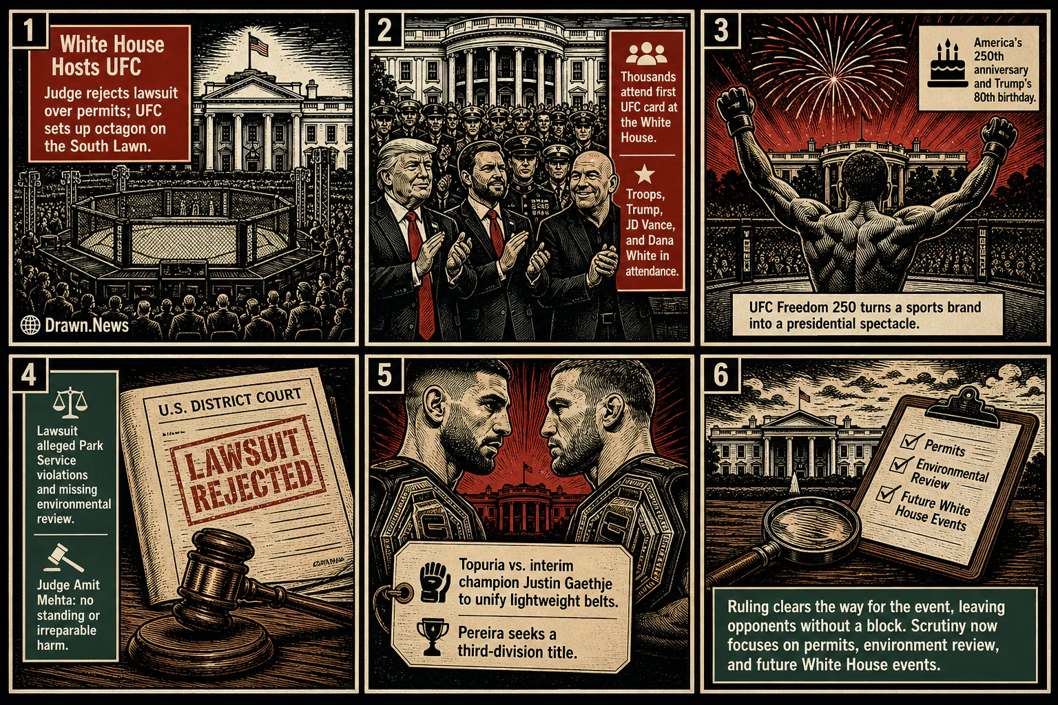 Drawn.News visual brief: White House hosts "UFC Freedom 250" fight on Trump's 80th birthday