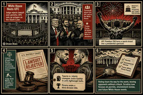 Drawn.News visual brief: White House hosts "UFC Freedom 250" fight on Trump's 80th birthday