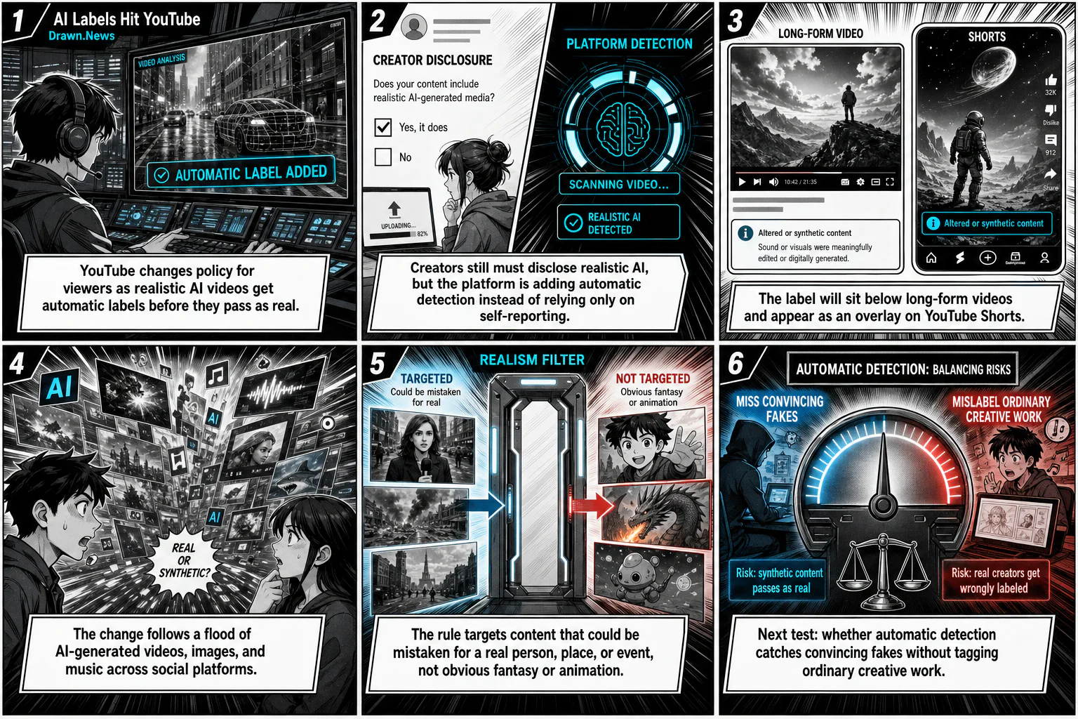 Drawn.News comic: YouTube taking steps to make clear when realistic videos are made by AI