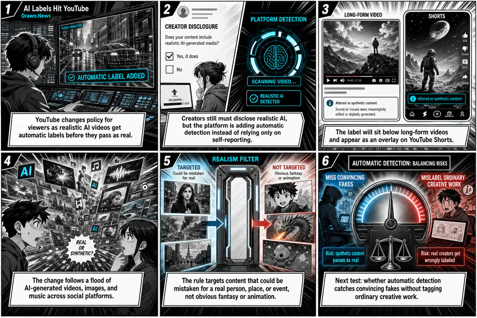 Drawn.News comic: YouTube taking steps to make clear when realistic videos are made by AI