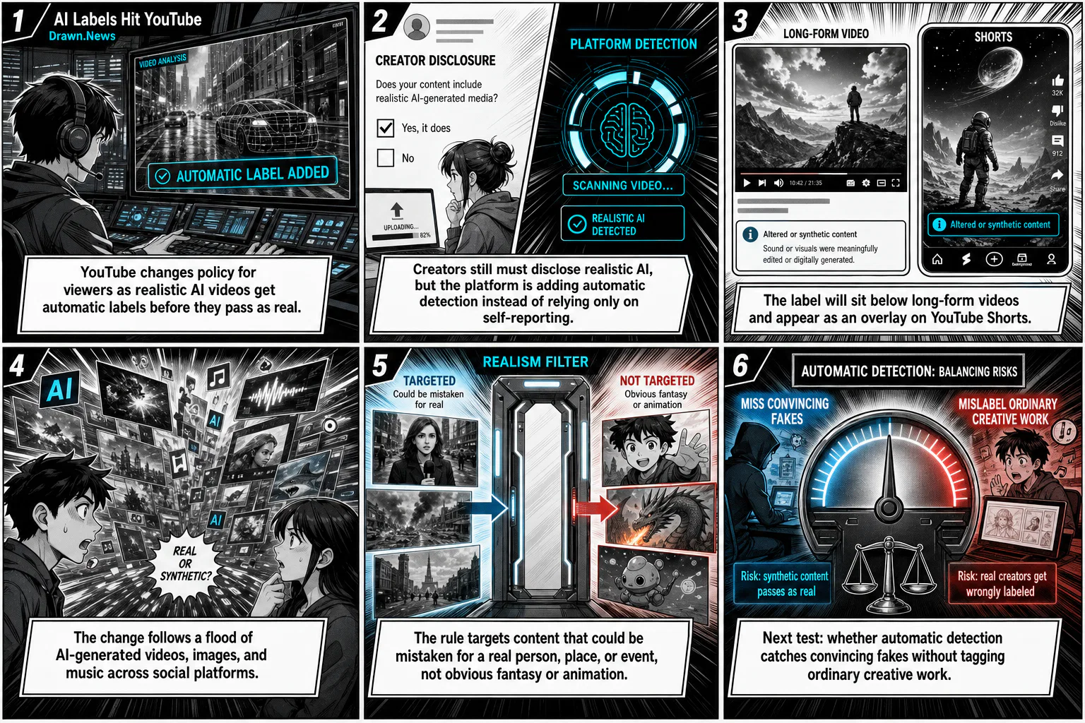 Drawn.News visual brief: YouTube taking steps to make clear when realistic videos are made by AI