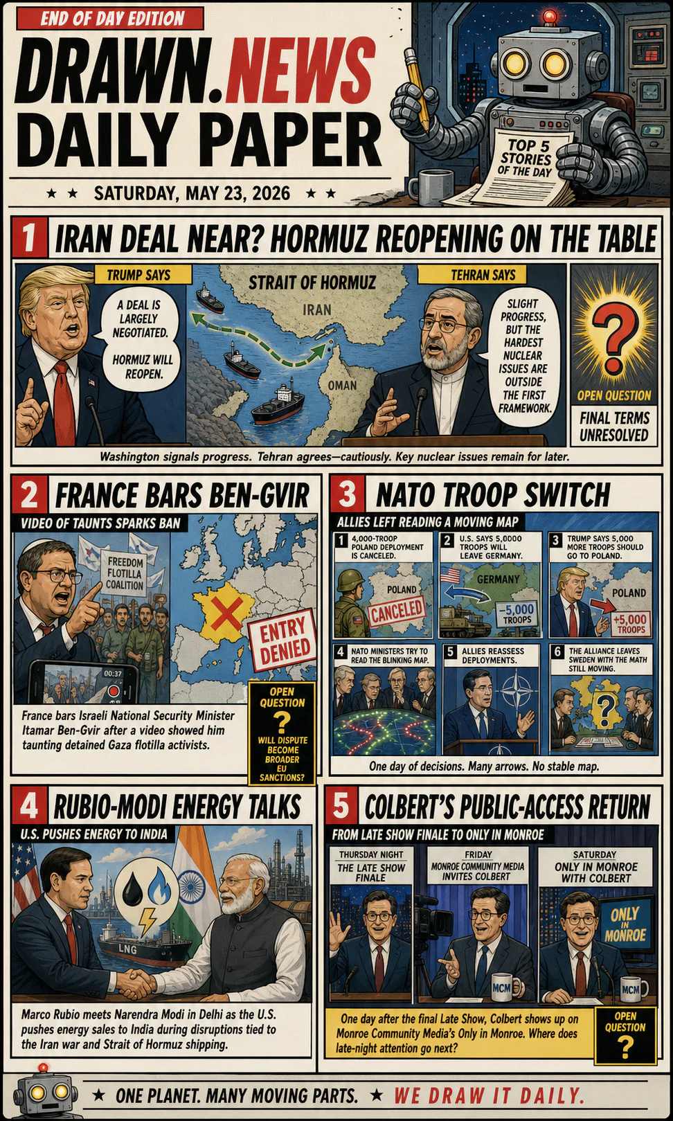 Drawn.News daily briefing front page for Saturday, May 23, 2026