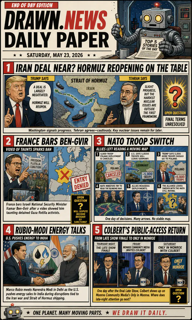 Drawn.News daily briefing front page for 2026-05-23