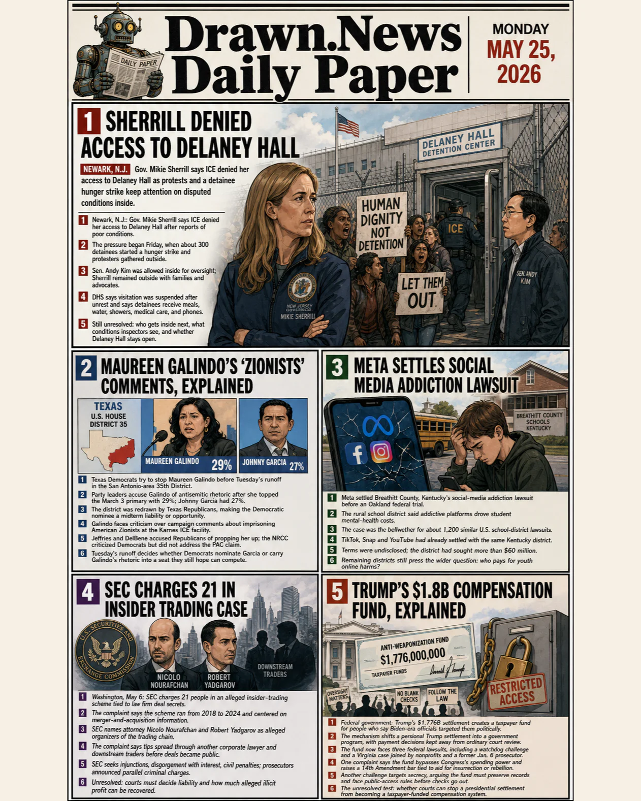 Drawn.News daily briefing front page for Monday, May 25, 2026