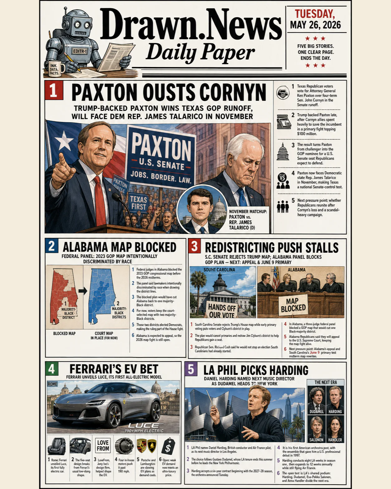 Drawn.News daily briefing front page for Tuesday, May 26, 2026