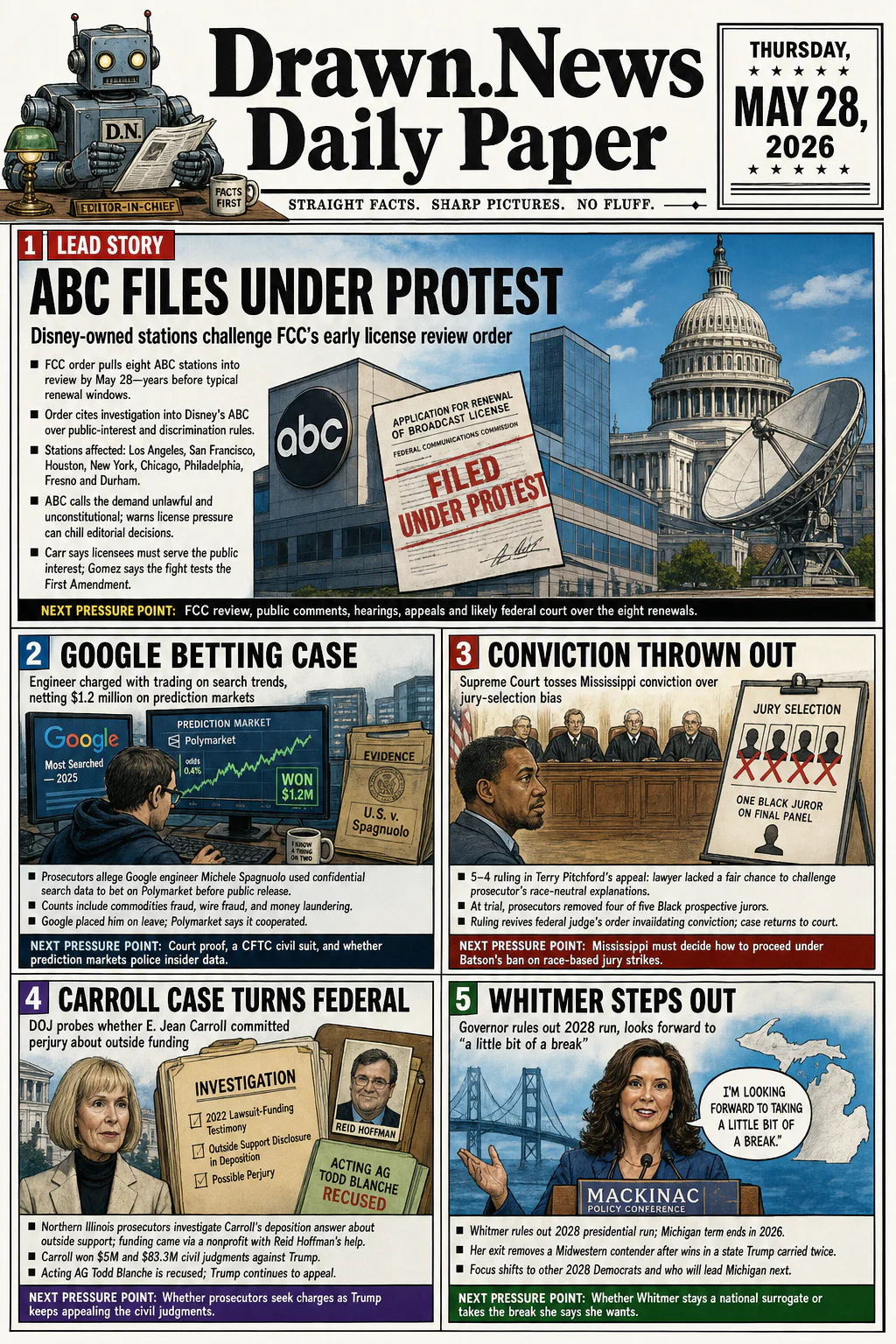 Drawn.News daily briefing front page for Thursday, May 28, 2026