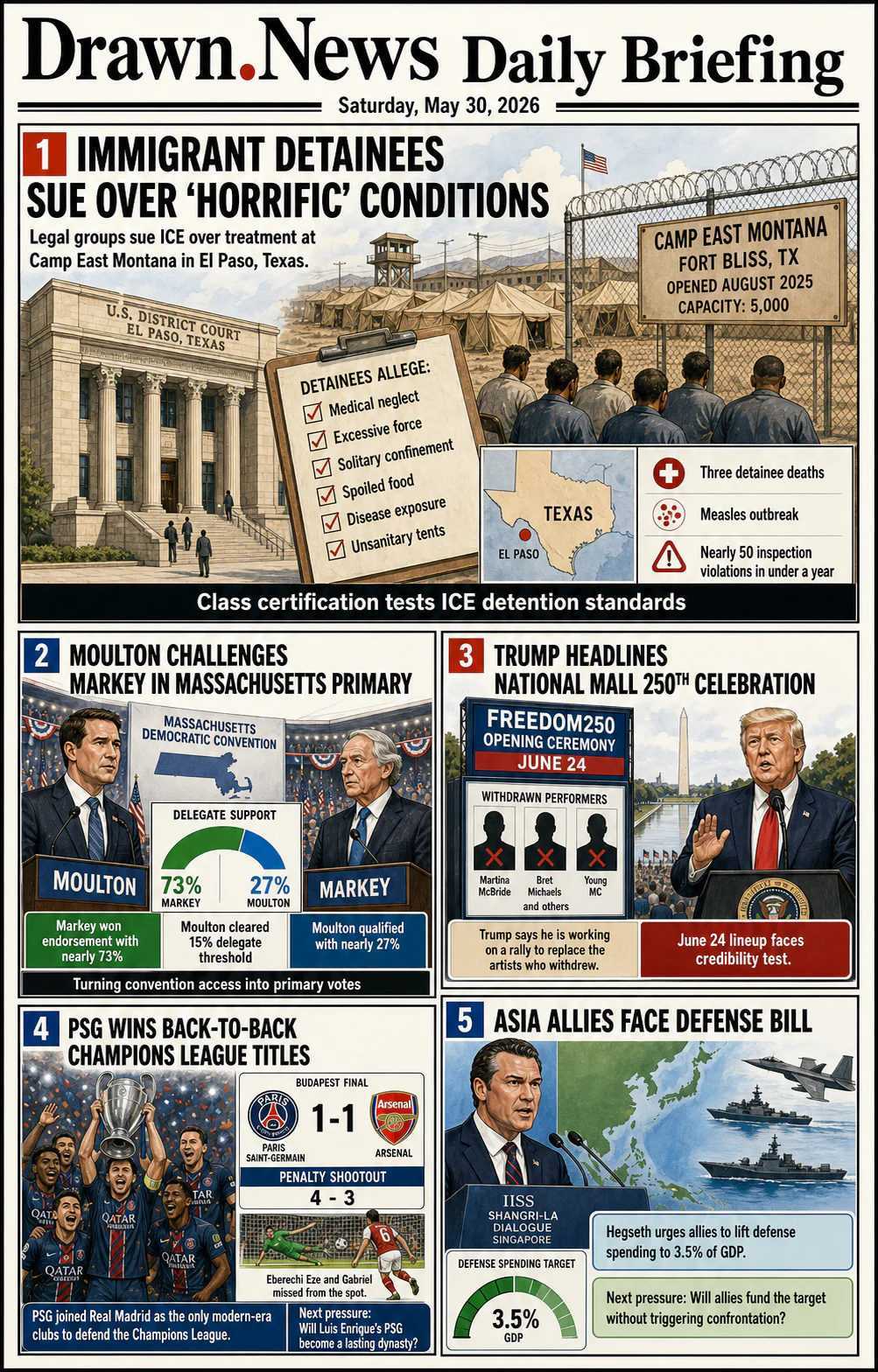 Drawn.News daily briefing front page for Saturday, May 30, 2026