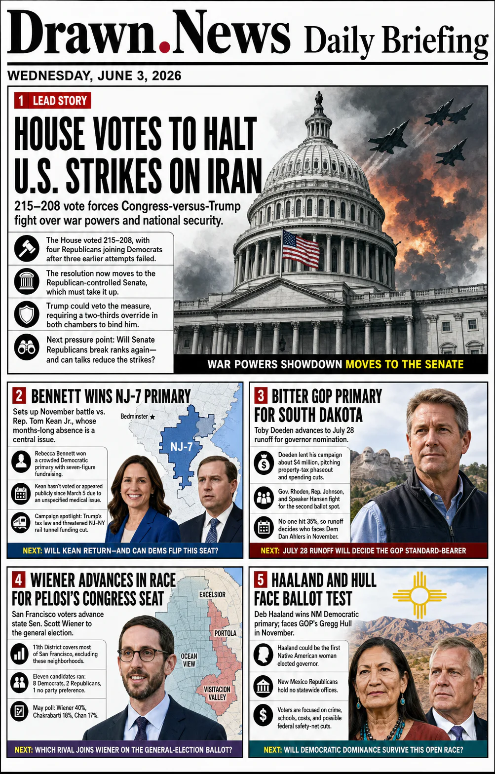 Drawn.News daily briefing front page for Wednesday, June 3, 2026