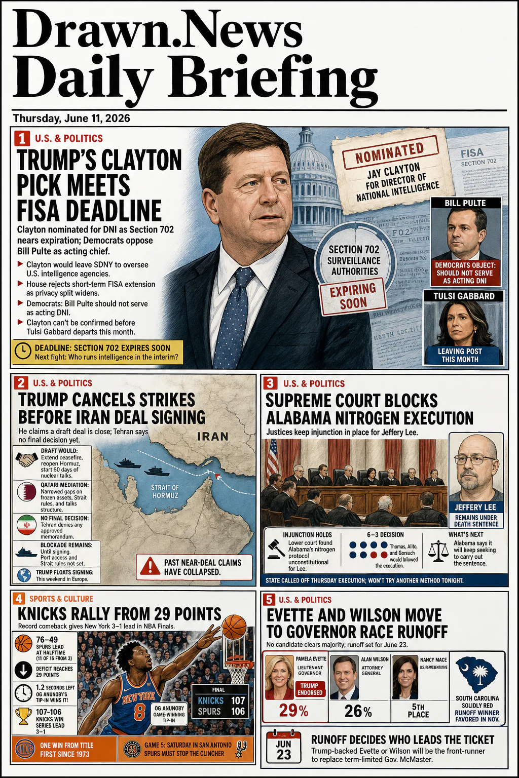 Drawn.News daily briefing front page for Thursday, June 11, 2026