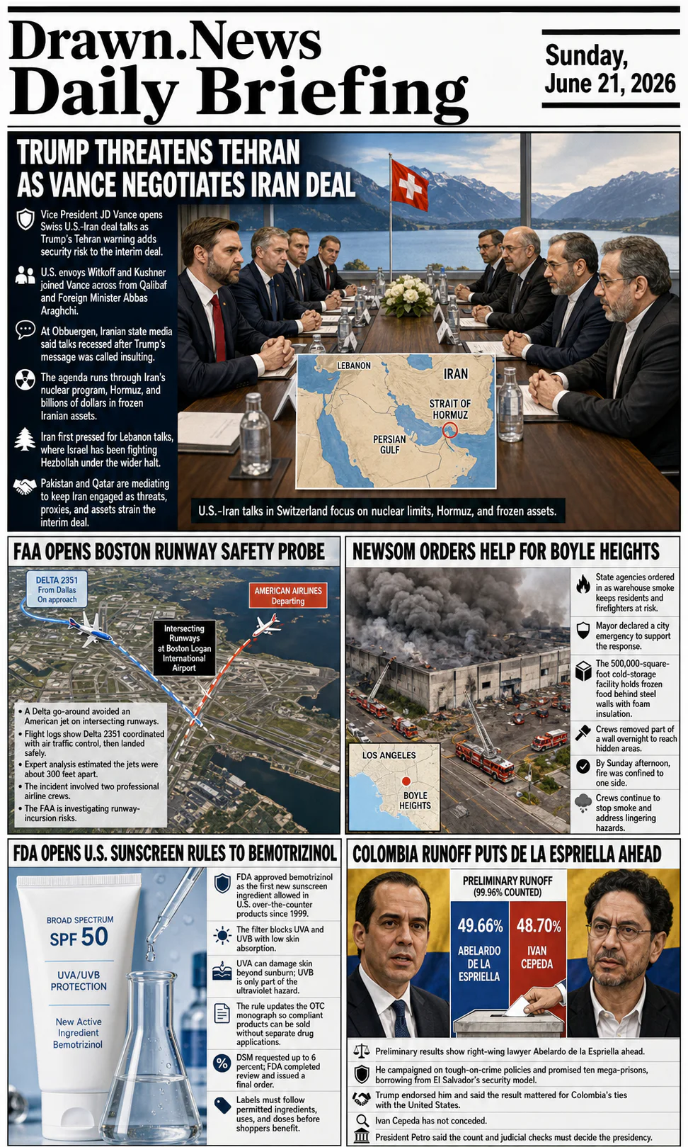 Drawn.News daily briefing front page for Sunday, June 21, 2026