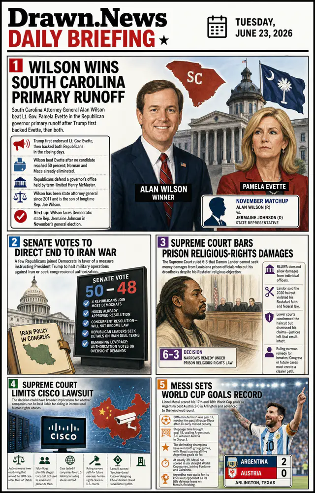 Drawn.News daily briefing front page for 2026-06-23