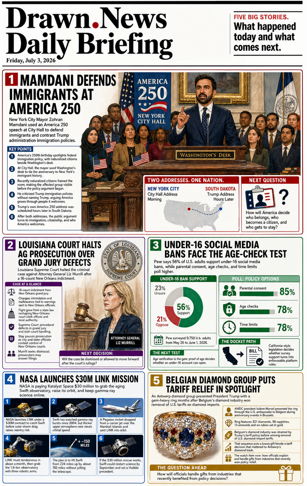 Drawn.News daily briefing front page for Friday, July 3, 2026