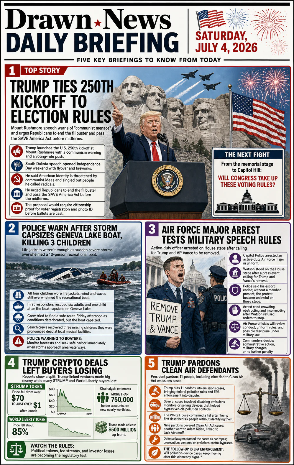 Drawn.News daily briefing front page for Saturday, July 4, 2026