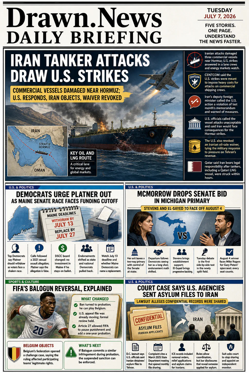 Drawn.News daily briefing front page for Tuesday, July 7, 2026