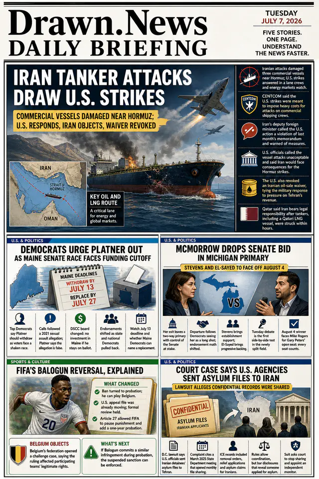Drawn.News daily briefing front page for 2026-07-07