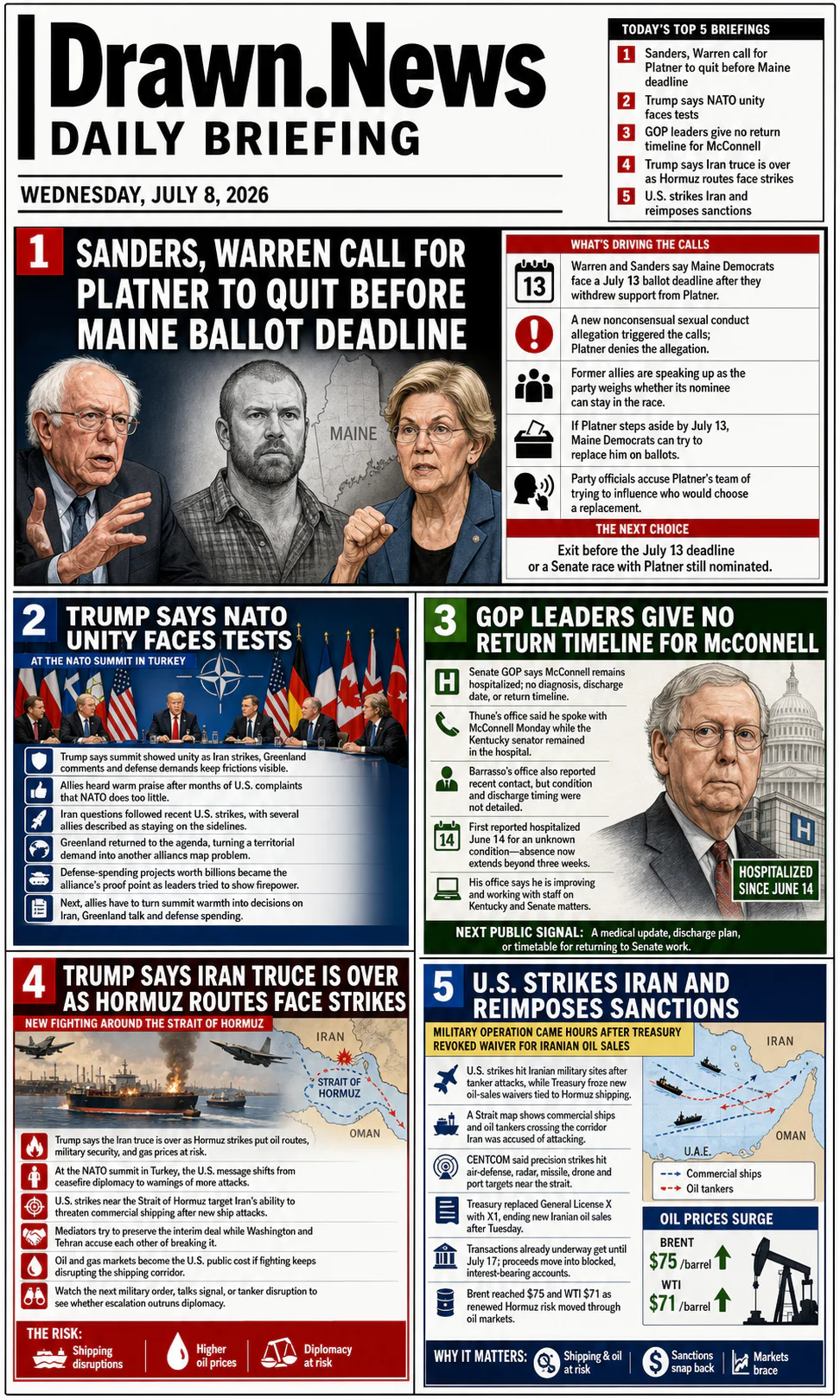 Drawn.News daily briefing front page for Wednesday, July 8, 2026