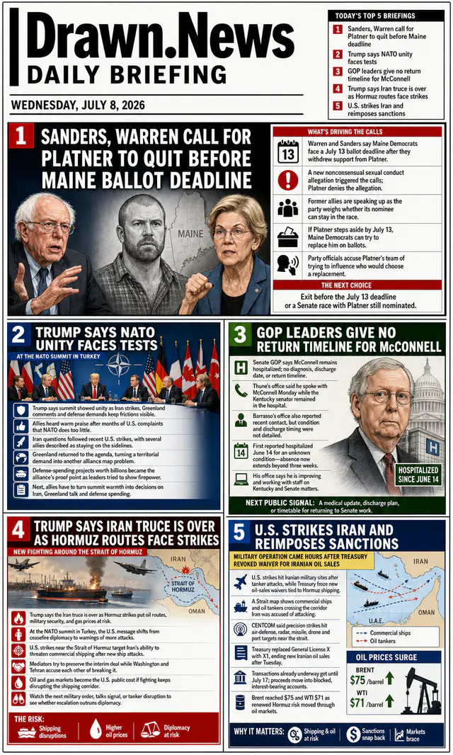 Drawn.News daily briefing front page for 2026-07-08