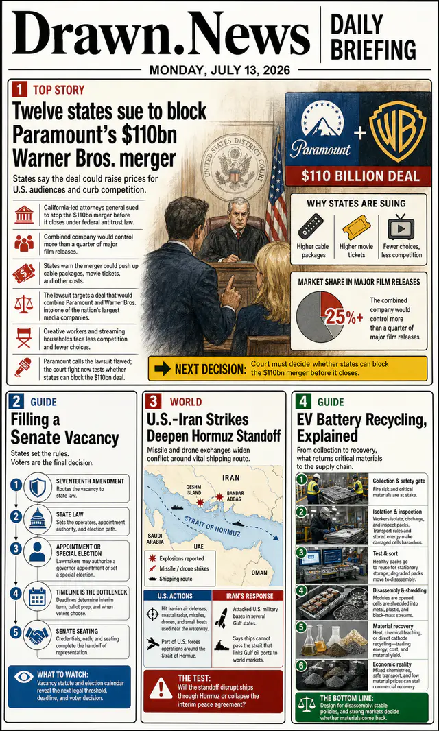 Drawn.News daily briefing front page for 2026-07-13