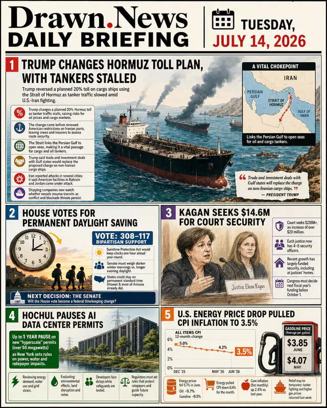 Drawn.News daily briefing front page for 2026-07-14