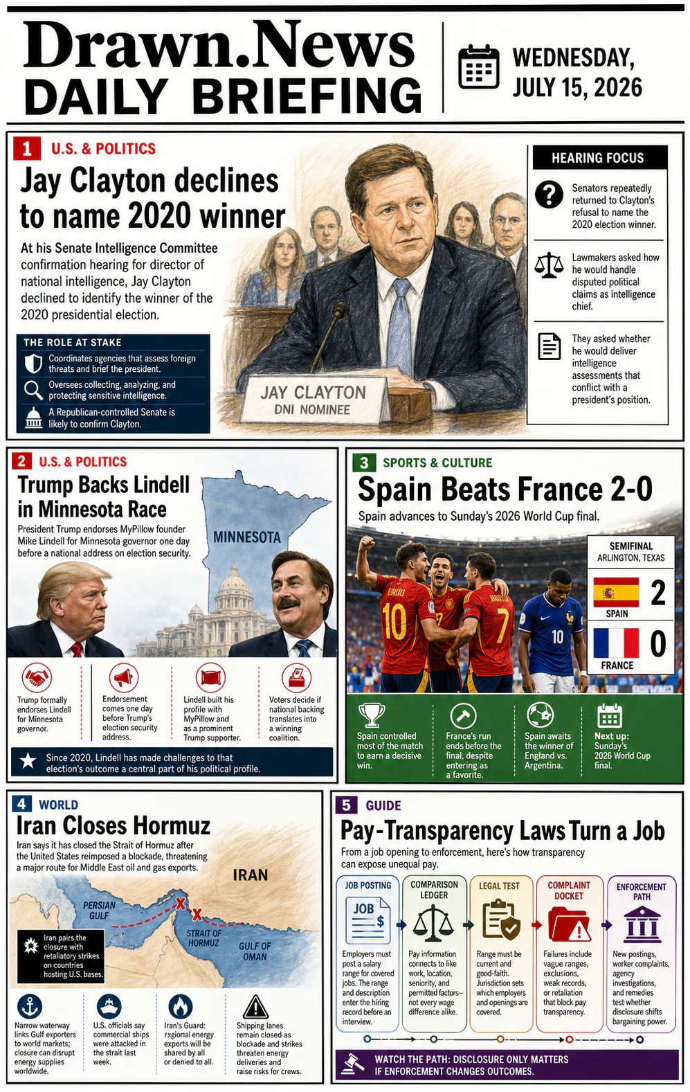 Drawn.News daily briefing front page for Wednesday, July 15, 2026