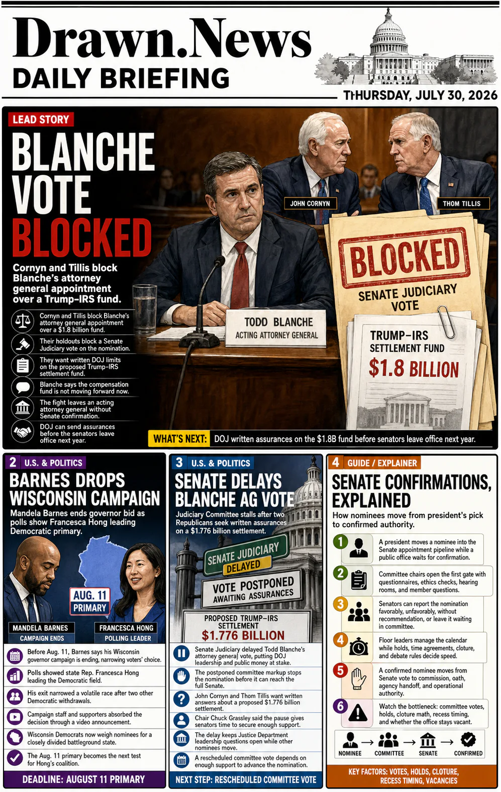 Drawn.News daily briefing front page for Thursday, July 30, 2026